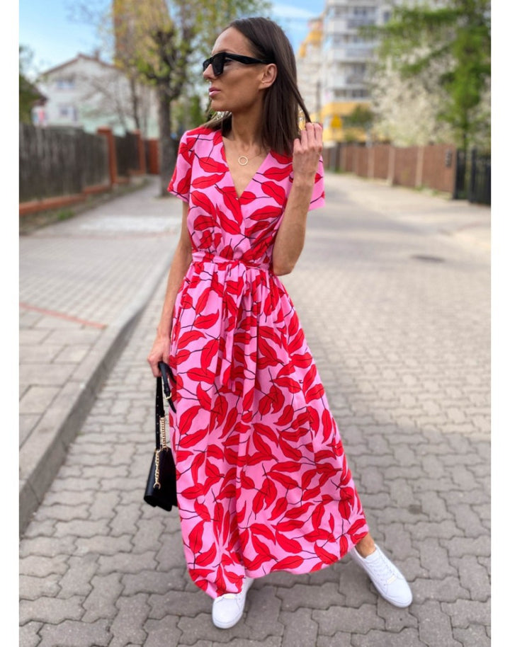 Ela - Zwiewna Sukienka Maxi z Kopertowym Dekoltem i Paskiem