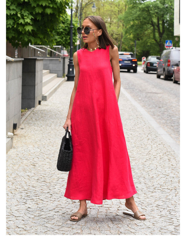 Beata - Lniana Sukienka Maxi o Swobodnym Kroju z Kieszeniami