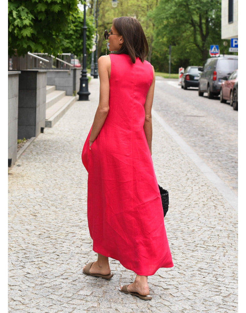 Beata - Lniana Sukienka Maxi o Swobodnym Kroju z Kieszeniami