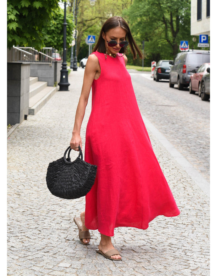 Beata - Lniana Sukienka Maxi o Swobodnym Kroju z Kieszeniami