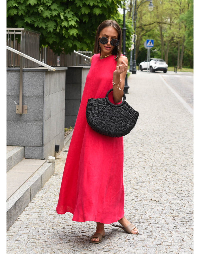 Beata - Lniana Sukienka Maxi o Swobodnym Kroju z Kieszeniami