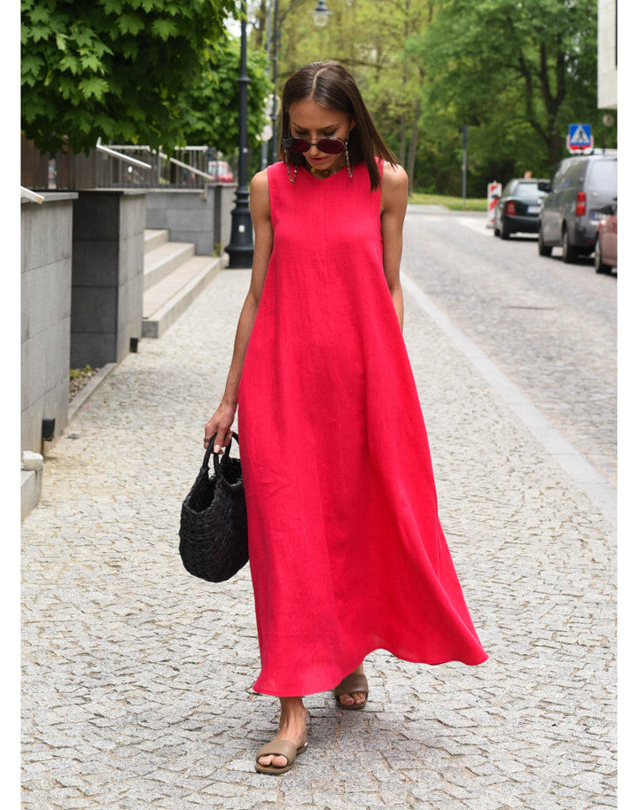 Beata - Lniana Sukienka Maxi o Swobodnym Kroju z Kieszeniami