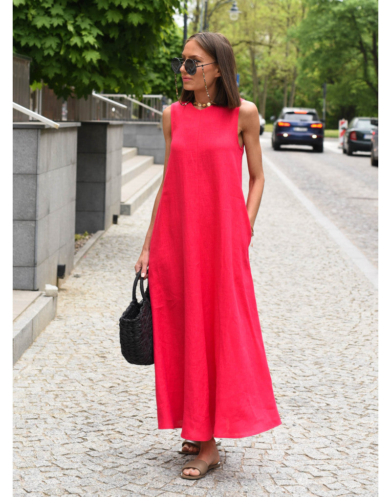 Beata - Lniana Sukienka Maxi o Swobodnym Kroju z Kieszeniami