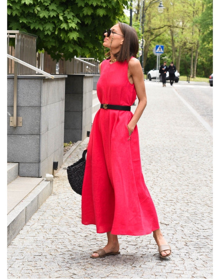 Beata - Lniana Sukienka Maxi o Swobodnym Kroju z Kieszeniami