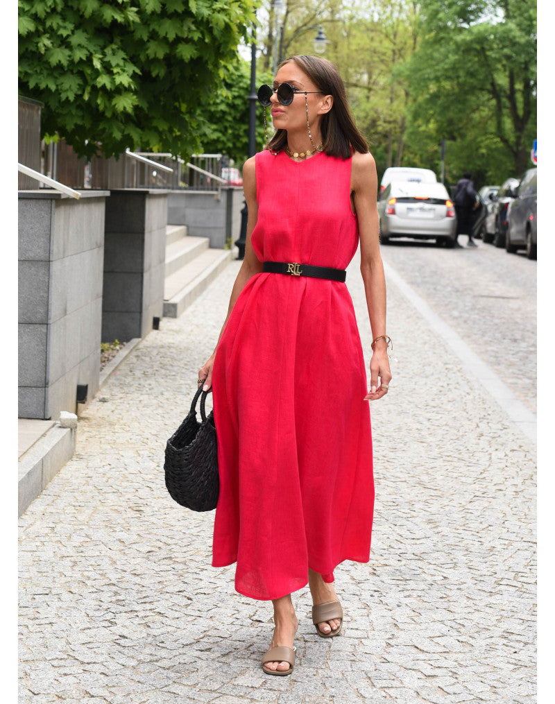 Beata - Lniana Sukienka Maxi o Swobodnym Kroju z Kieszeniami